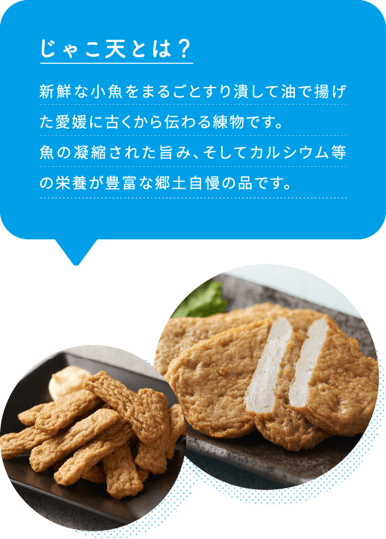 じゃこ天とは？新鮮な小魚をまるごとすり潰して油で揚げた愛媛に古くから伝わる練物です。魚の凝縮された旨み、そしてカルシウム等の栄養が豊富な郷土自慢の品です。